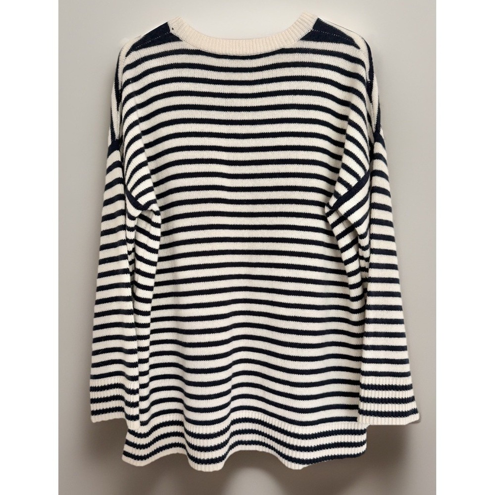 Jenni Kayne 100% Cashmere Boyfriend Sweater Navy Striped Nautical Luxury L - Picture 2 of 14